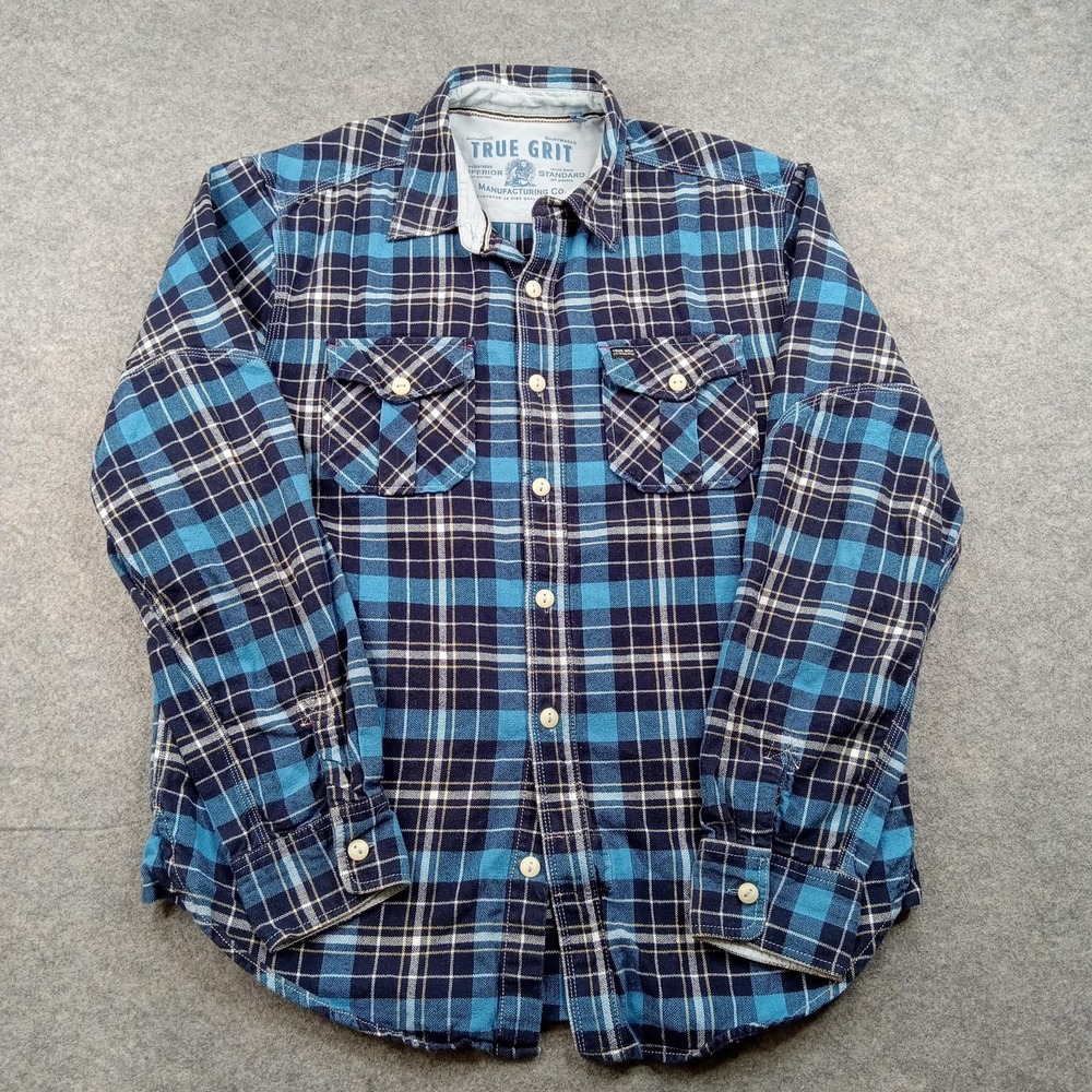 True Grit Shirt Mens Medium Blue Plaid Flannel Button Front Long‎ Sleeve Casual